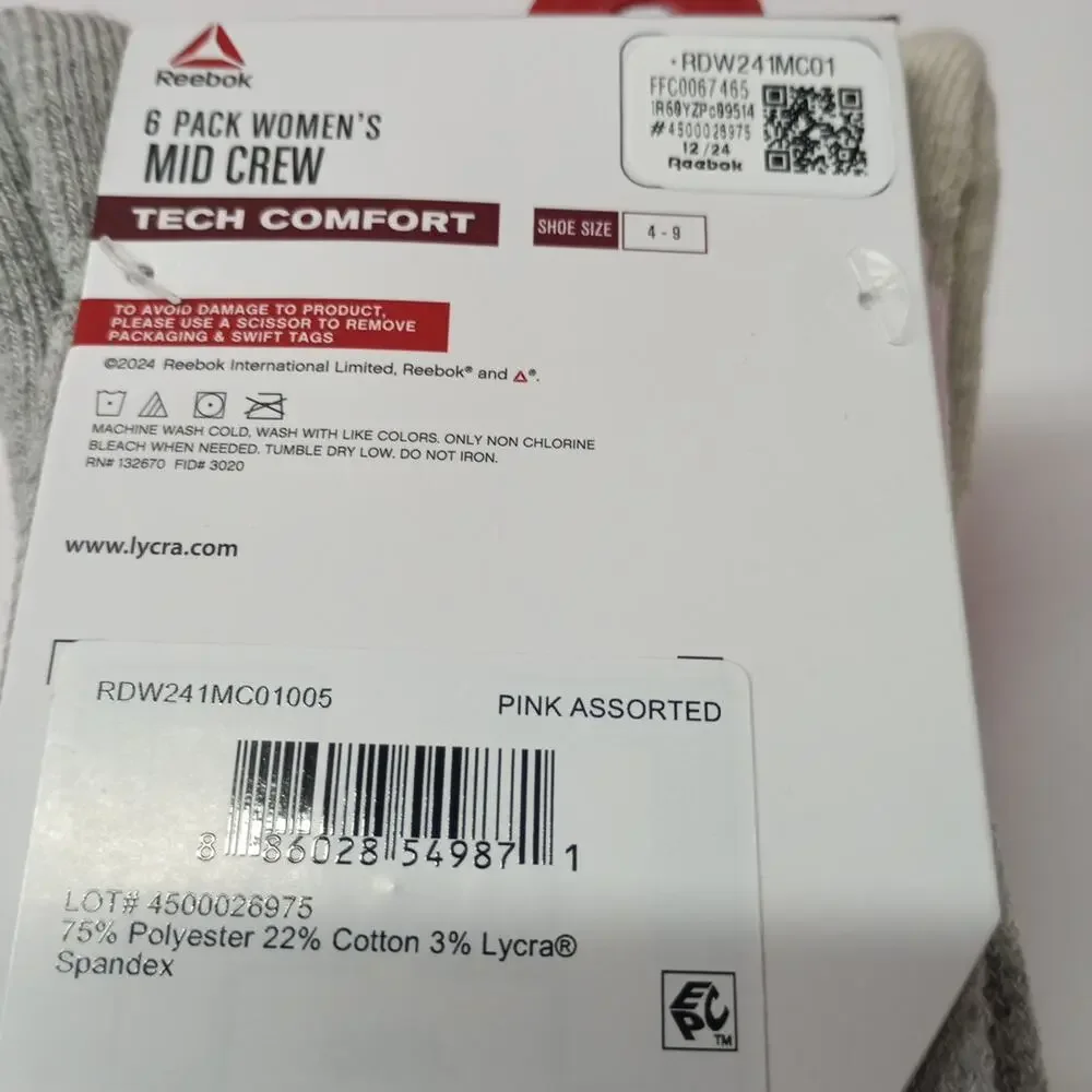Reebok Tech Comfort Target Cushion Mid Crew‎ Women's Socks Size 4-9 6 Pairs